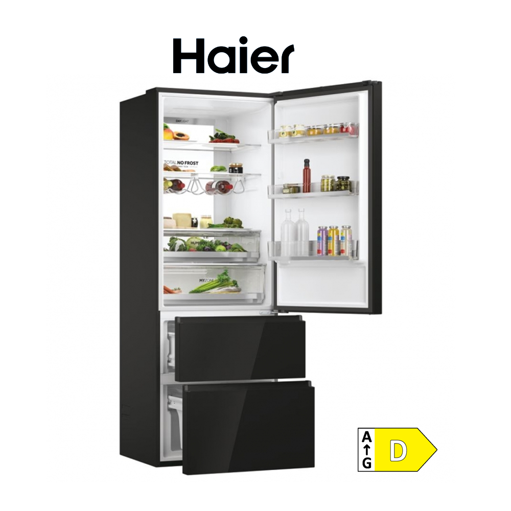 FRIGORÍFICO HAIER 3 PUERTAS, NO FROST, CRISTAL NEGRO